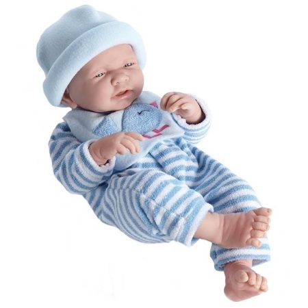 Berenguer élethű játékbaba csíkos kék  ruhában sapkával 43cm