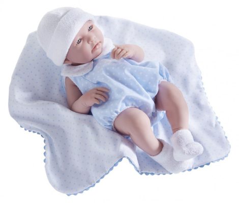 Berenguer újszülött élethű fiú játékbaba kék pöttyös ruhában takaróval 43cm