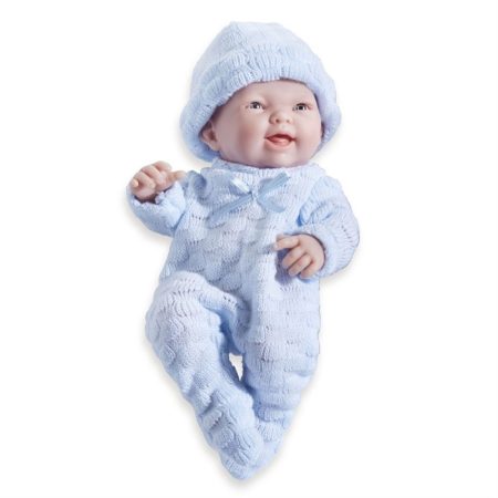 Élethű Berenguer Játékbabák - újszülött fiú kék kötött ruhában sapkával 24cm
