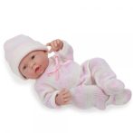 Játékbaba nagykereskedés- Élethű Berenguer Játékbabák- Újszülött lány rózsaszín csíkos ruhában sapká