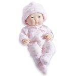   Élethű Berenguer Játékbabák - újszülött lány rózsaszín csíkos kötött ruhában sapkával 24 cm