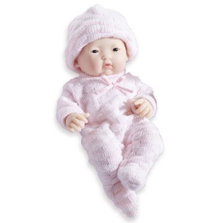 Élethű Berenguer Játékbabák - újszülött lány rózsaszín csíkos kötött ruhában sapkával 24 cm
