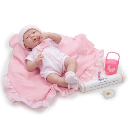 Játékbaba nagykereskedés- Élethű Berenguer Játékbabák- Újszülött lány rózsaszín masnis ruhában sapká