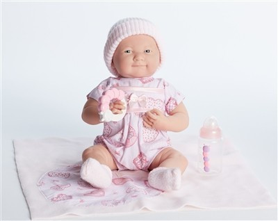 Játékbaba nagykereskedés- Berenguer játékbabák- újszülött lány luxusbaba puha rózsaszín ruhában kieg