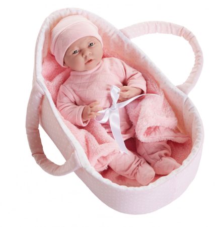Játékbaba nagykereskedés -  Berenguer újszülött lány karakterbaba rózsaszín mózeskosárban 39 cm
