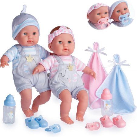 Játékbaba nagykereskedés- Élethű berenguer Játékbabák- puha testű ikerbabák kék-rózsaszín ruhában ki