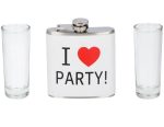 Flaska, 2 röviditalos pohár - I love Party felirattal