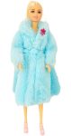 Játékbaba kék színű téli bundában