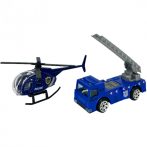   Fém játék rendőrségi jármű + helikopter - létrás teherautó