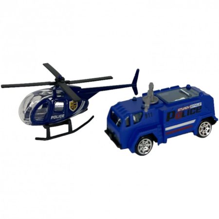 Fém játék rendőrségi jármű + helikopter - vízágyús kocsi