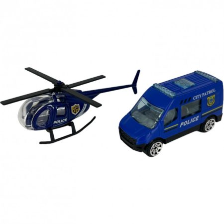 Fém játék rendőrségi jármű + helikopter - kisbusz