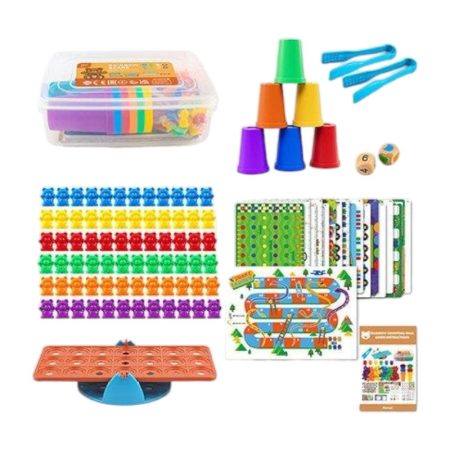 Montessori matematikai oktató, szortírozó játék feladatlapokkal, mérleggel tárolódobozban