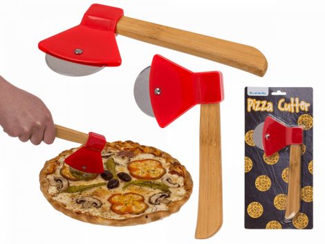 Pizza vágó balta alakú kb. 18 cm, bambusz és rozsdamentes acél