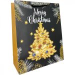   Karácsonyi ajándék tasak - Karácsonyfa minta fekete arany 18x23x8cm