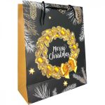   Karácsonyi ajándék tasak - Koszorús minta fekete arany 18x23x8cm
