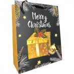   Karácsonyi ajándék tasak - Díszdobozos minta fekete arany 18x23x8cm