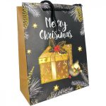   Karácsonyi ajándék tasak - Díszdobozos minta fekete arany 26x32x10,5cm