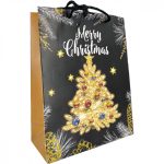   Karácsonyi ajándék tasak - Fenyőfás minta fekete arany 26x32x10,5cm