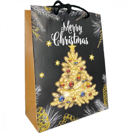 Karácsonyi ajándék tasak - Fenyőfás minta fekete arany 26x32x10,5cm