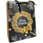   Karácsonyi ajándék tasak - Koszorús minta fekete arany 26x32x10,5cm