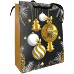   Karácsonyi ajándék tasak - Díszgömbös minta fekete arany 26x32x10,5cm