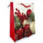   Karácsonyi ajándék tasak - Díszgömbös minta piros 18x24x8,5cm